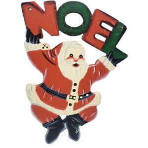 Christmas Santa Claus Noel Hanging Wall Decor Wooden Hand Painted Vintage
